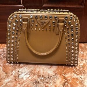 Prada Studded Vernice Saffiano Leather Studded Tan Handbag